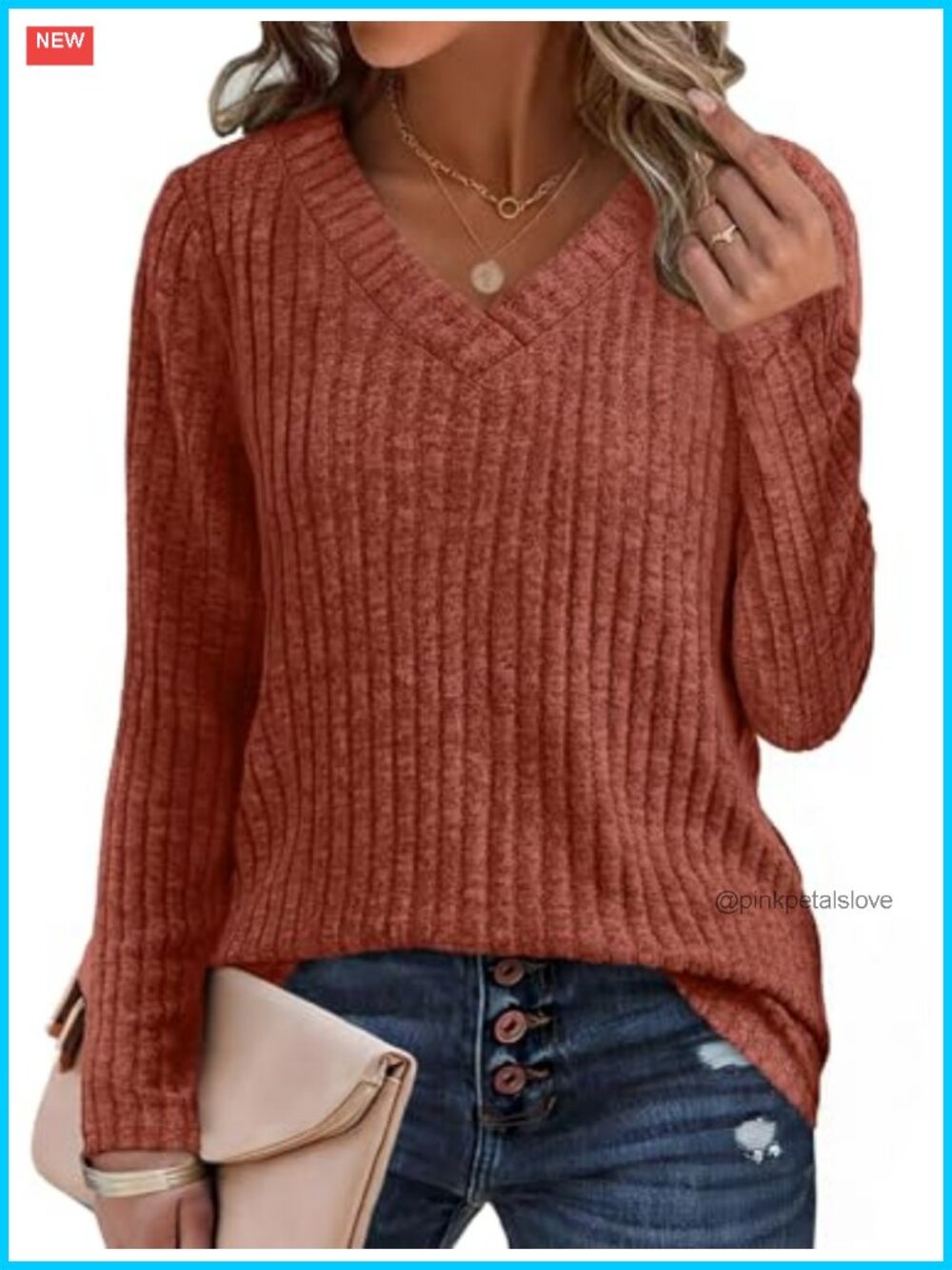 Sampeel Women V Neck Long Sleeve Tunic Sweater Lightweight Loose Casual Top
